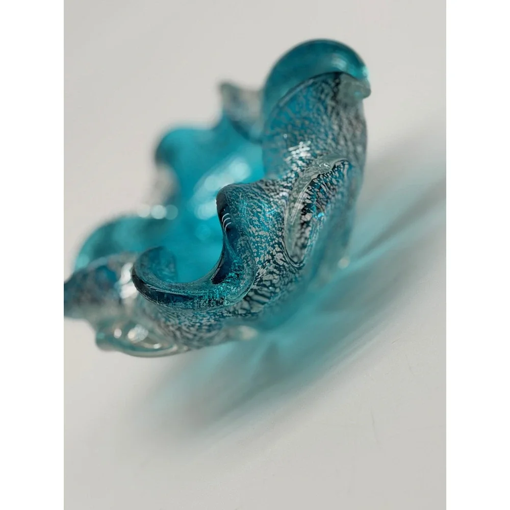 Turquoise Blue Silver Foil Murano Style Art Glass Ruffled Bowl Catchall 5.5